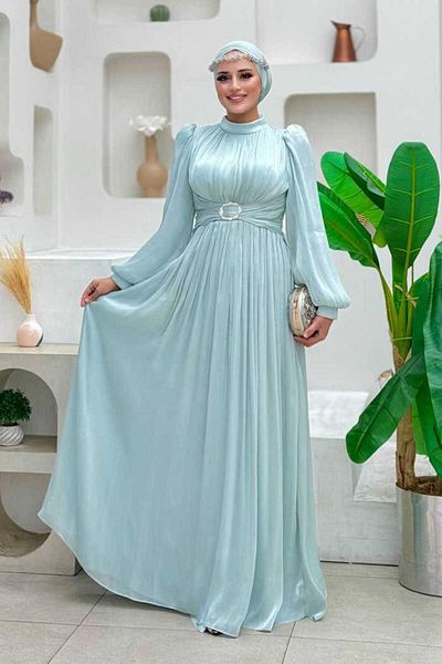 Bym Fashion Βραδινό φόρεμα με πλισέ μανίκι μέντα - 7013