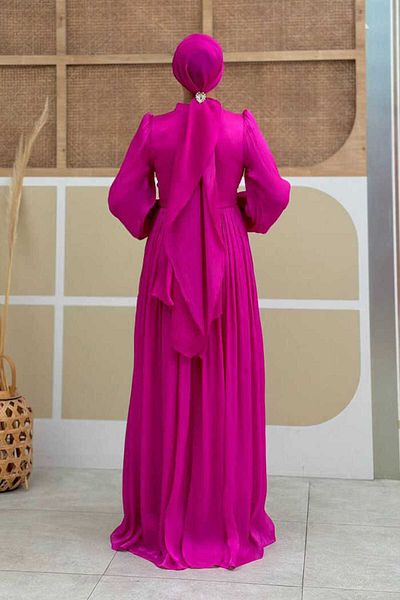 Bym Fashion Φούξια μπαλόνι μανίκι πλισέ βραδινό φόρεμα - 7013