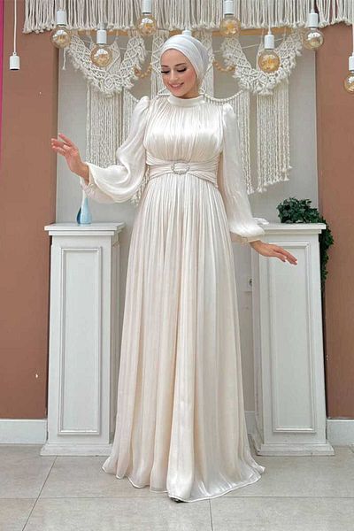 Bym Fashion Stone Color Balloon Sleeve Pleated Evening Dress 7013