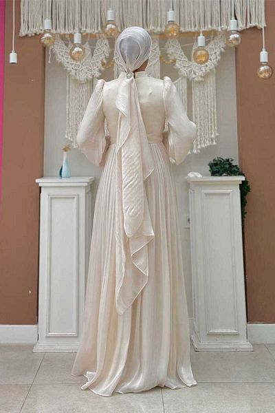 Bym Fashion Stone Color Balloon Sleeve Pleated Evening Dress 7013
