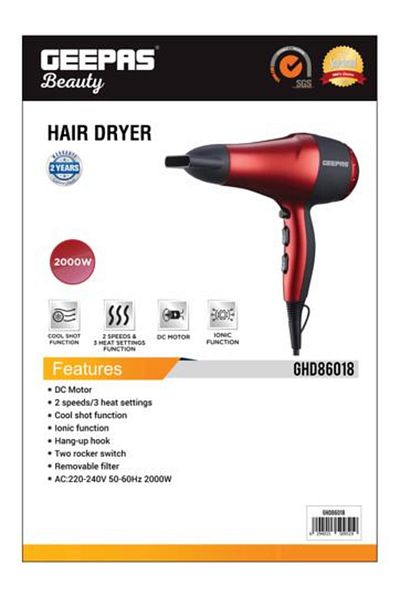 Geepas Hair Dryer, 2 Speed Setting, 2000W, GHD86018 | Removable Filter |