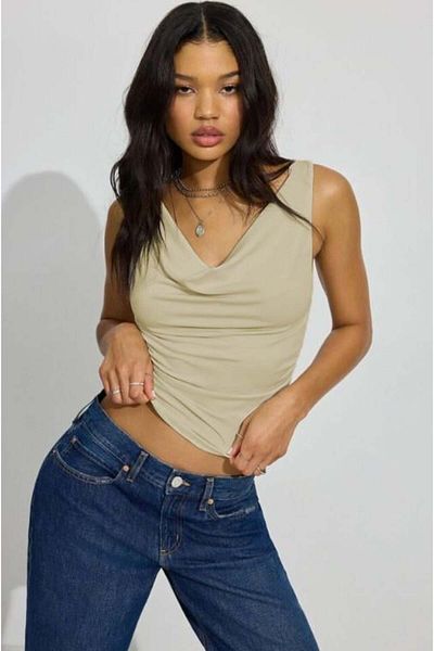 Madmext Beigefarbener Damen-Body mit Degaje-Kragen MG2282