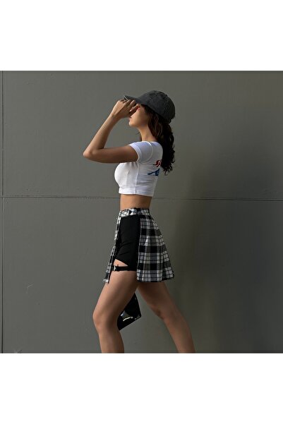 Köstebek Black and White Mini Skirt with Shorts - Plaid and Belt