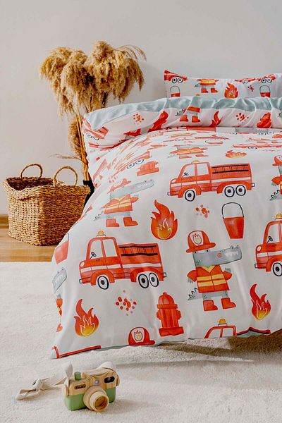 Rivaİstanbul Fire Truck Double Sided Children's Duvet Cover Set Cotton