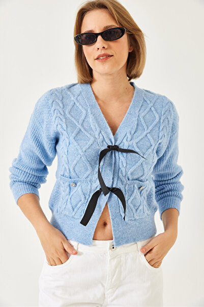 Bianco Lucci Women's Knitted Cardigan with Bow Front Pocket 20247544