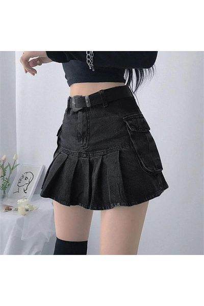 Köstebek Black Vintage Pleated Denim Skirt - Double Pocket, Retro Washed