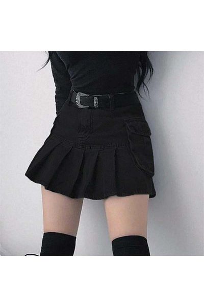 Köstebek Black Pleated Double Pocket Denim Mini Skirt