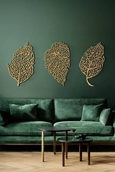 Wall Art İstanbul Ayetel Kürsi, Felak ve Nas Suresi Metal Duvar Tablo Seti (Yaprak Desenli) - WAM224
