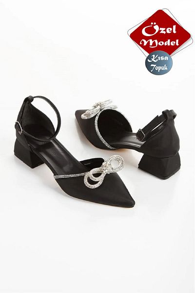 GUİZA Black Satin Elegant Heeled Women's Shoes with Stone Bow for Daily and Special Occasions