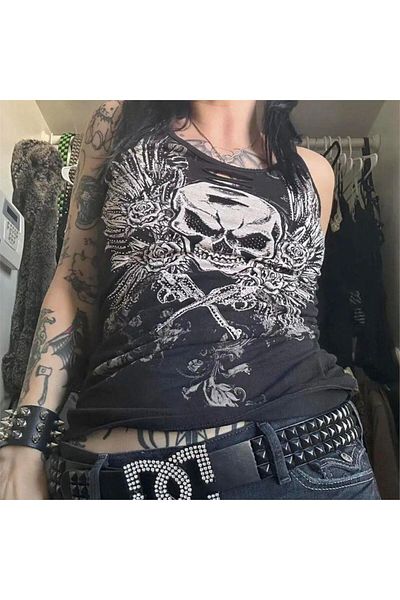 Köstebek Negru gotic vintage cu aripi de craniu Cyber ​​Grunge Crop cu curea pe tot corpul