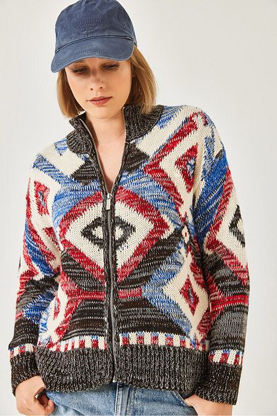 Bianco Lucci Women's Zippered Patterned Knitwear Cardigan 20246951