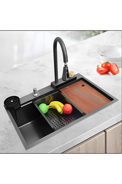 PUROSER Teknolojik Mutfak Eviye Seti Siyah (KROM EVYE) Şelale Evye 3 Fonksiyo...