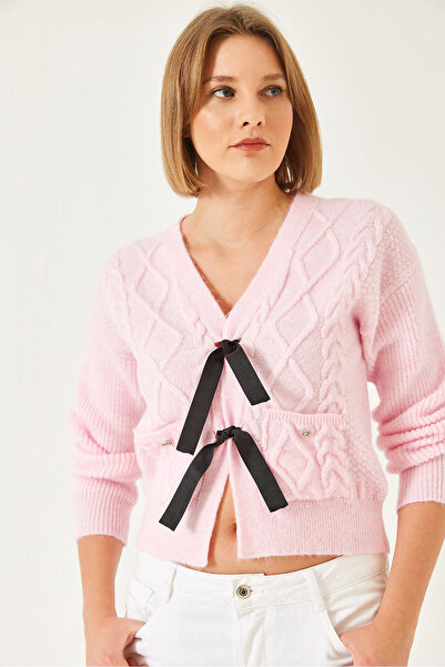 Bianco Lucci Women's Knitted Cardigan with Bow Front Pocket 20247544