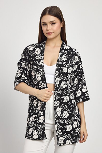 Rays Μαύρο κιμονό με φλοράλ σχέδιο και ανοιχτούς μανίκια 4463A