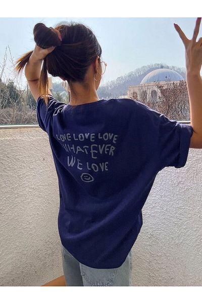 caddekombin We Love Μπροστινό Πίσω Εμπριμέ Γυναικείο Βαμβακερό Βαμβακερό Μπλουζάκι Basic Navy Blue