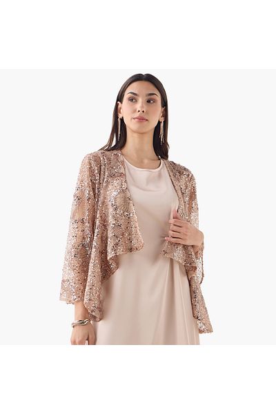 Iconic All-over Embellished Open Front Shrug With Long Sleeves