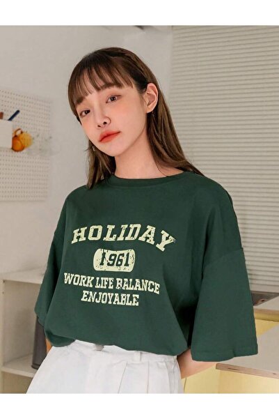 caddekombin Holiday Kadın Rahat Kalıp Pamuk Penye Yuvarlak Yaka Yeşil T-shirt