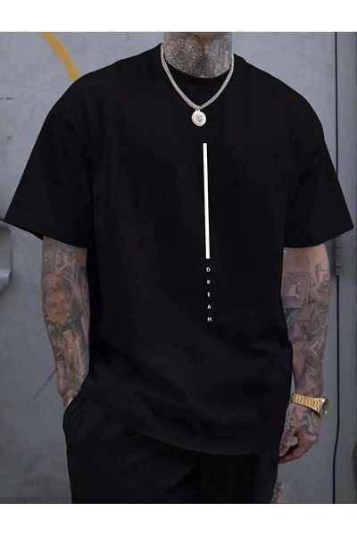 caddekombin Vertical Dream Printed Cotton Combed Round Neck Black T-Shirt