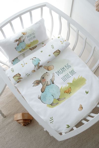 Tuğba Kuğu Mother's Side Crib Duvet Cover Set (60X100) - Pure Baby Series - Rabbit Playing with Butterfly