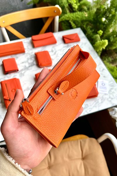 CüzCan Fresha Orange Genuine Leather Women's Wallet with Zipper and Hand Snap