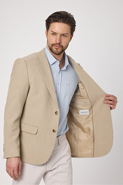 Frappoli Sandeo Erkek Bej Diagonel Desenli Esneyen Kumaş Likralı Blazer Ceket