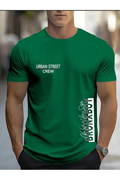 caddekombin Bronxboy Baskılı Basic Pamuk Penye Yuvarlak Yaka Yeşil T-shirt