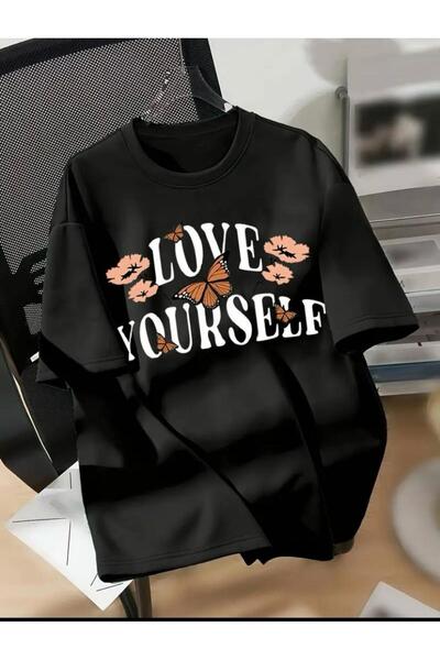 caddekombin Tricou negru din bumbac cu gât rotund cu imprimeu Love Yourself