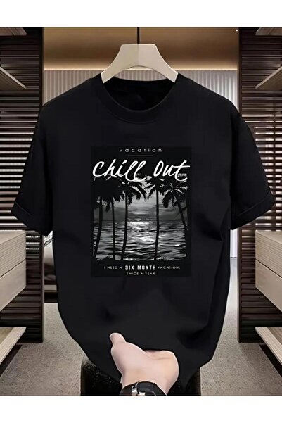 caddekombin Tricou negru unisex din bumbac cu gât rotund Chill Out