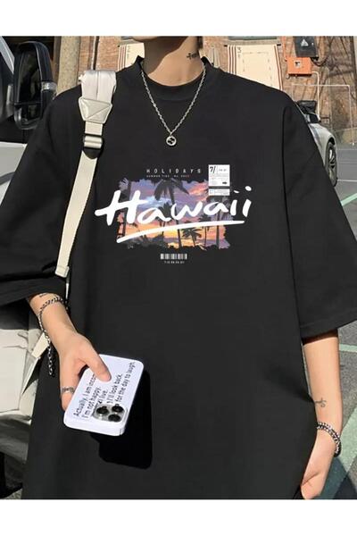 caddekombin Tricou negru din bumbac cu imprimeu Hawaii cu gât rotund