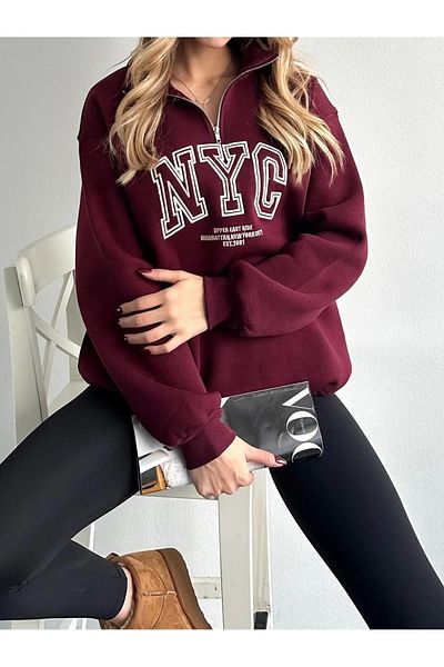shopshop Women's Half Zippered Raised Basic Oversize Sweatshirt