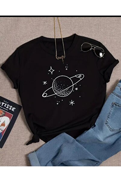 caddekombin Satürn Yıldızlı Desenli Pamuk Yuvarlak Yaka Siyah T-shirt