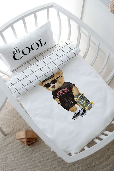 Tuğba Kuğu Pure Baby Series - Mother's Side Crib Duvet Cover Set (60X100) - Teddy Bear with Skateboard