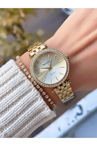 Ferrucci MİLANO ÇELİK KORDON TAŞ MOTİFLİ 3 ATM SU GEÇİRMEZ KADIN KOL SAATİ+Bİ...