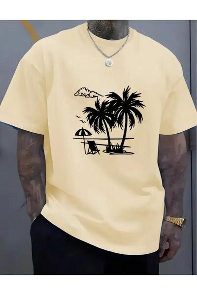 caddekombin Tricou bej din bumbac cu guler rotund imprimat cu umbrelă de palmier