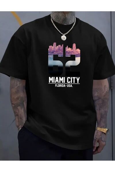 caddekombin Μαύρο μπλουζάκι από βαμβακερό στάμπα Miamı Ctıy με στρογγυλή λαιμ...