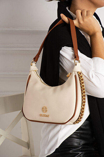 Elizan Zincir Detaylı Ay Dizayn Bej/Taba Omuz ve Çapraz Kadın Çantası