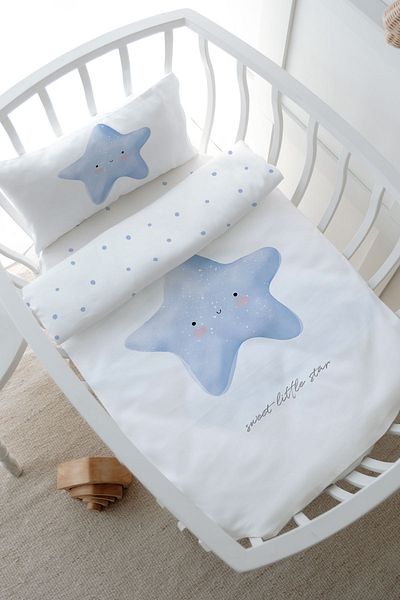 Tuğba Kuğu Park Bed Bedding Set (80X120) - Pure Baby Series - Fluffy Blue Star