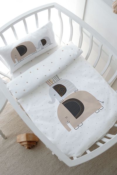 Tuğba Kuğu Mother's Side Crib Duvet Cover Set (60X100) - Pure Baby Series - Elephants and Homes
