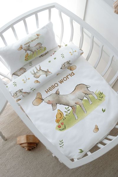 Tuğba Kuğu Mother's Side Crib Duvet Cover Set (60X100) - Pure Baby Series - Lamb Playing with Butterfly