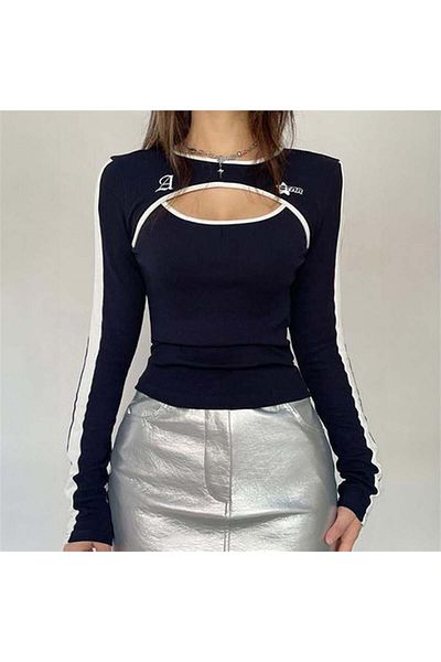 Köstebek Navy Blue A The Star - Long Sleeve Crop with White Stripe Detail