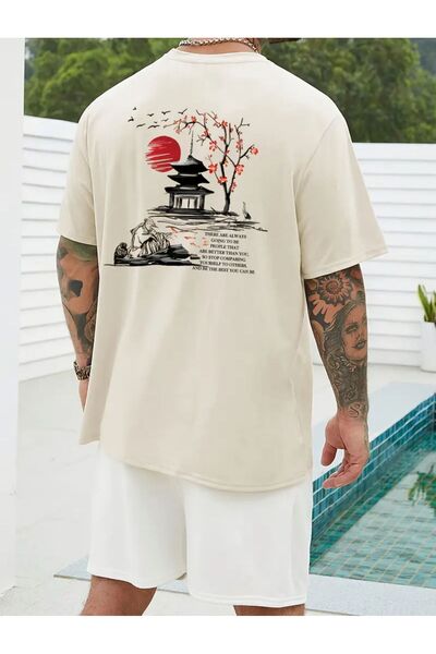 caddekombin There Tree Front Back Printed Cotton Combed Round Neck Beige T-Shirt
