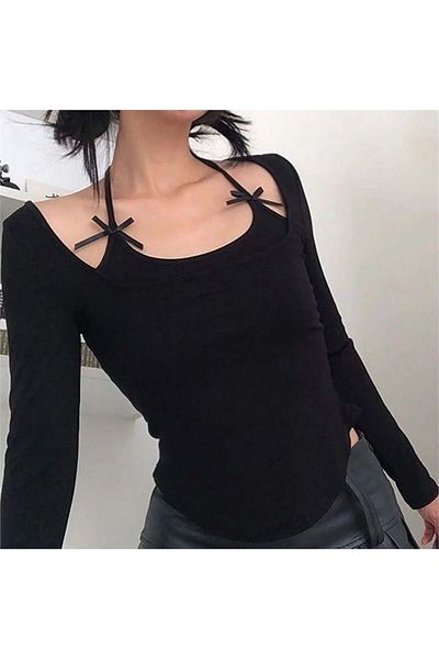 Köstebek Mânecă lungă Black Crop - Curea cu panglica