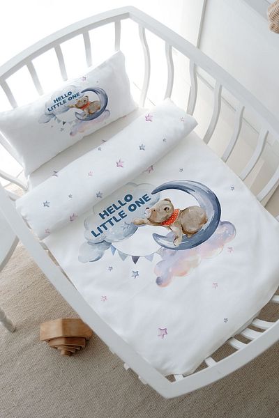Tuğba Kuğu Pure Baby Series - Mother's Side Crib Duvet Cover Set (60X100) - Moon Lounging Bear