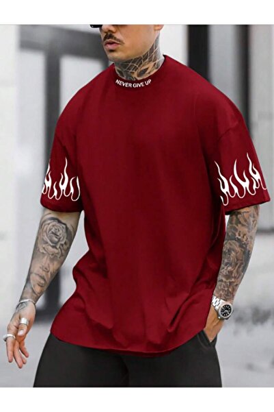 caddekombin تي شيرت أحمر مريح من القطن الممشط بأكمام مفصلة