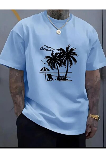 caddekombin Tricou albastru din bumbac cu guler rotund imprimat cu umbrelă de...