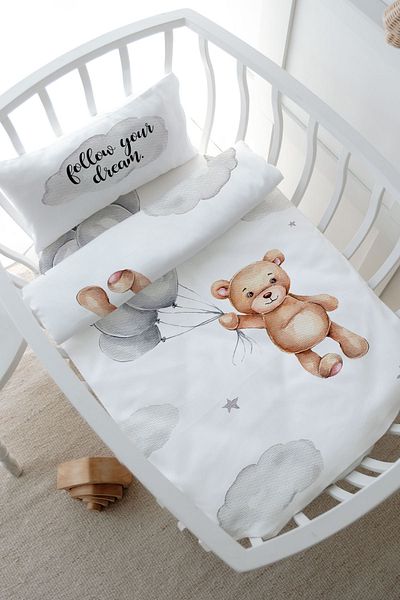 Tuğba Kuğu Mother's Side Crib Duvet Cover Set (60X100) - Iconic Series - Bear Holding Balloons