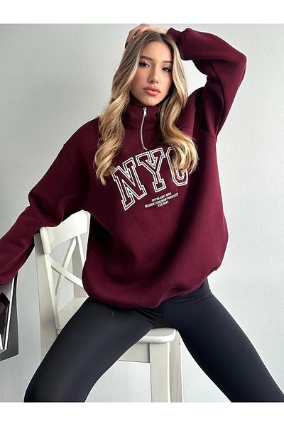 shopshop Women's Half Zippered Raised Basic Oversize Sweatshirt