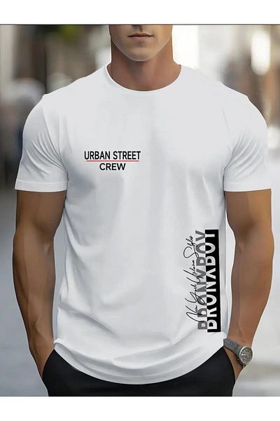 caddekombin Bronxboy Printed Basic Cotton Combed Round Neck White T-Shirt