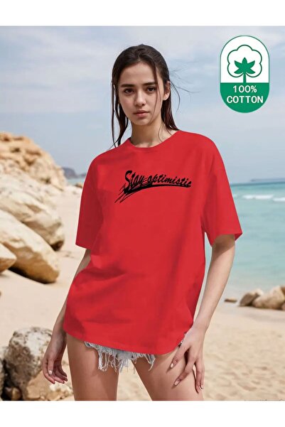 caddekombin تي شيرت نسائي أساسي من القطن الممشط برقبة دائرية باللون الأحمر من...