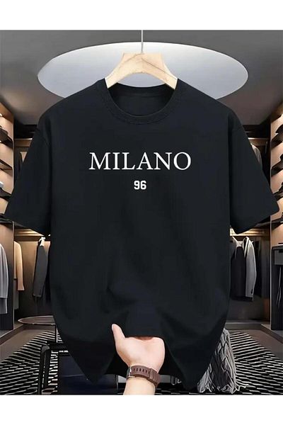 caddekombin Milono 96 Patterned Unisex Cotton Round Neck Black T-Shirt